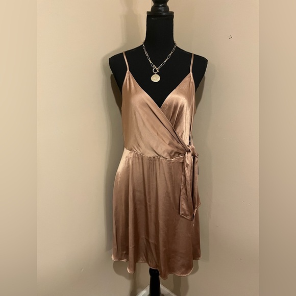 NWT Express Satin Wrap Fit and Flare Dress - Size Medium, Bronze/Gold - Picture 3 of 9